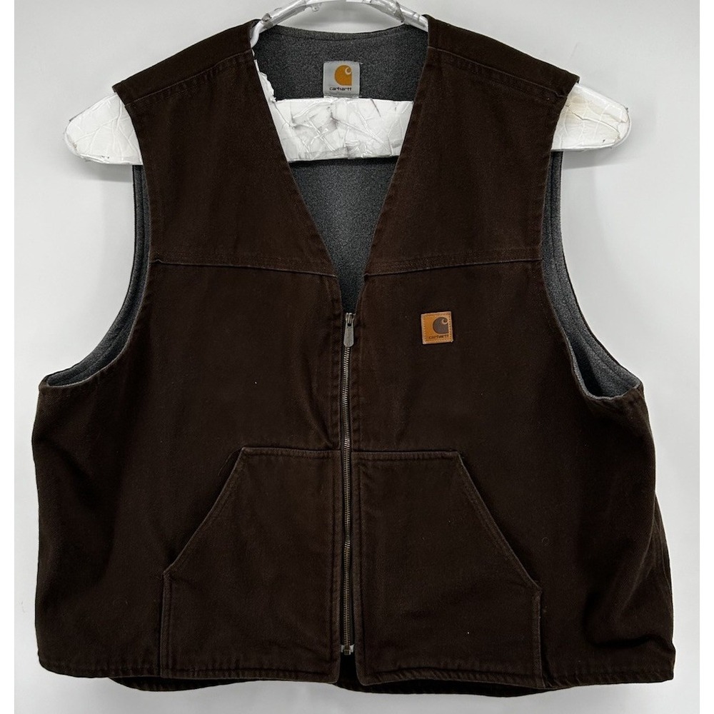 Carhartt Canvis Denim Vest Front Zip Fleece Lined Brown Men's 3XL Regular